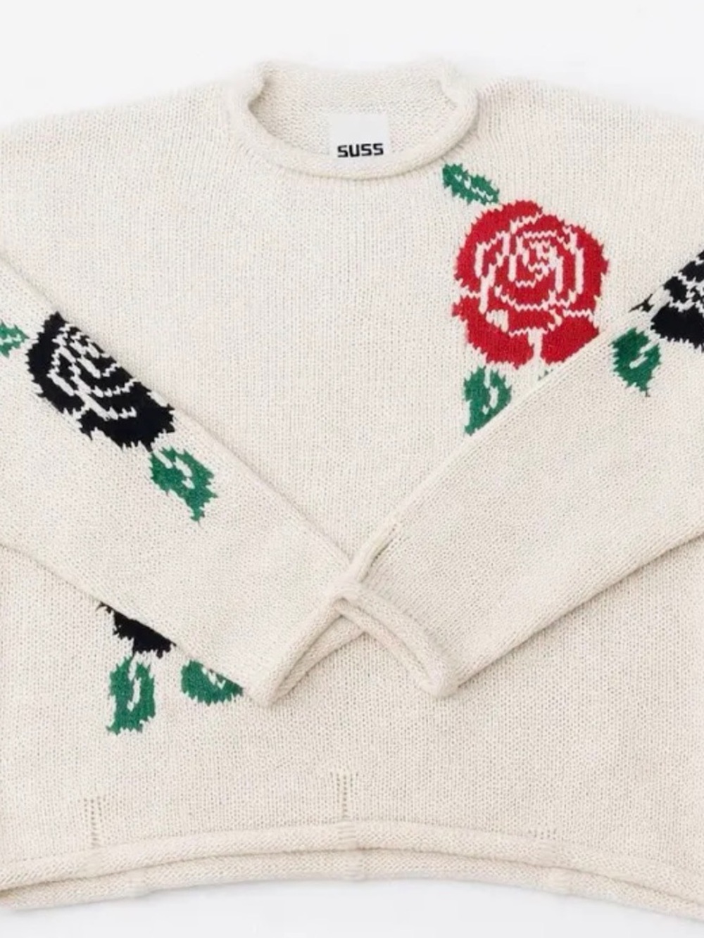 Suss Knits Los Angeles Rollneck Cream Rose Intarsia Crewneck Sweater